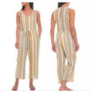 Drew Anthropologie Striped Linen Blend Sleeveless Raw Hem Jumpsuit